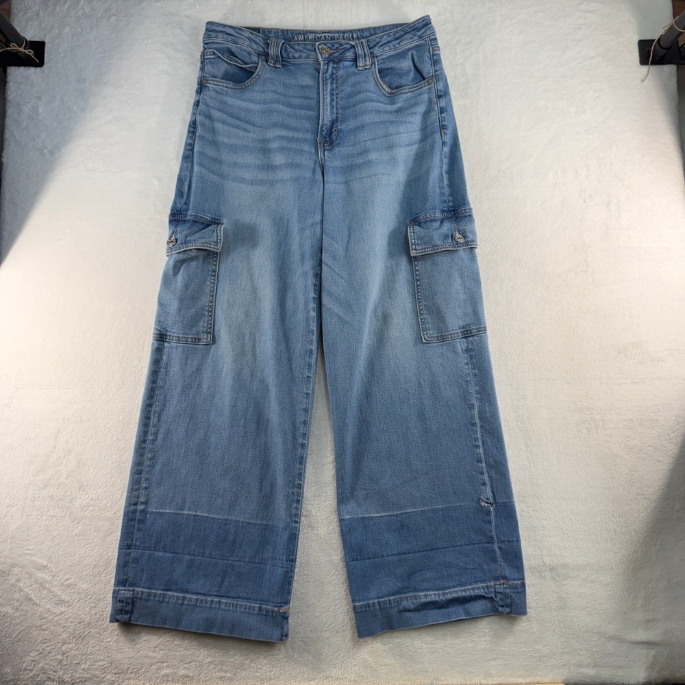 American Eagle 12 Super High Rise Baggy Wide Leg Cargo Stretch Jeans Light Blue - Picture 3 of 16